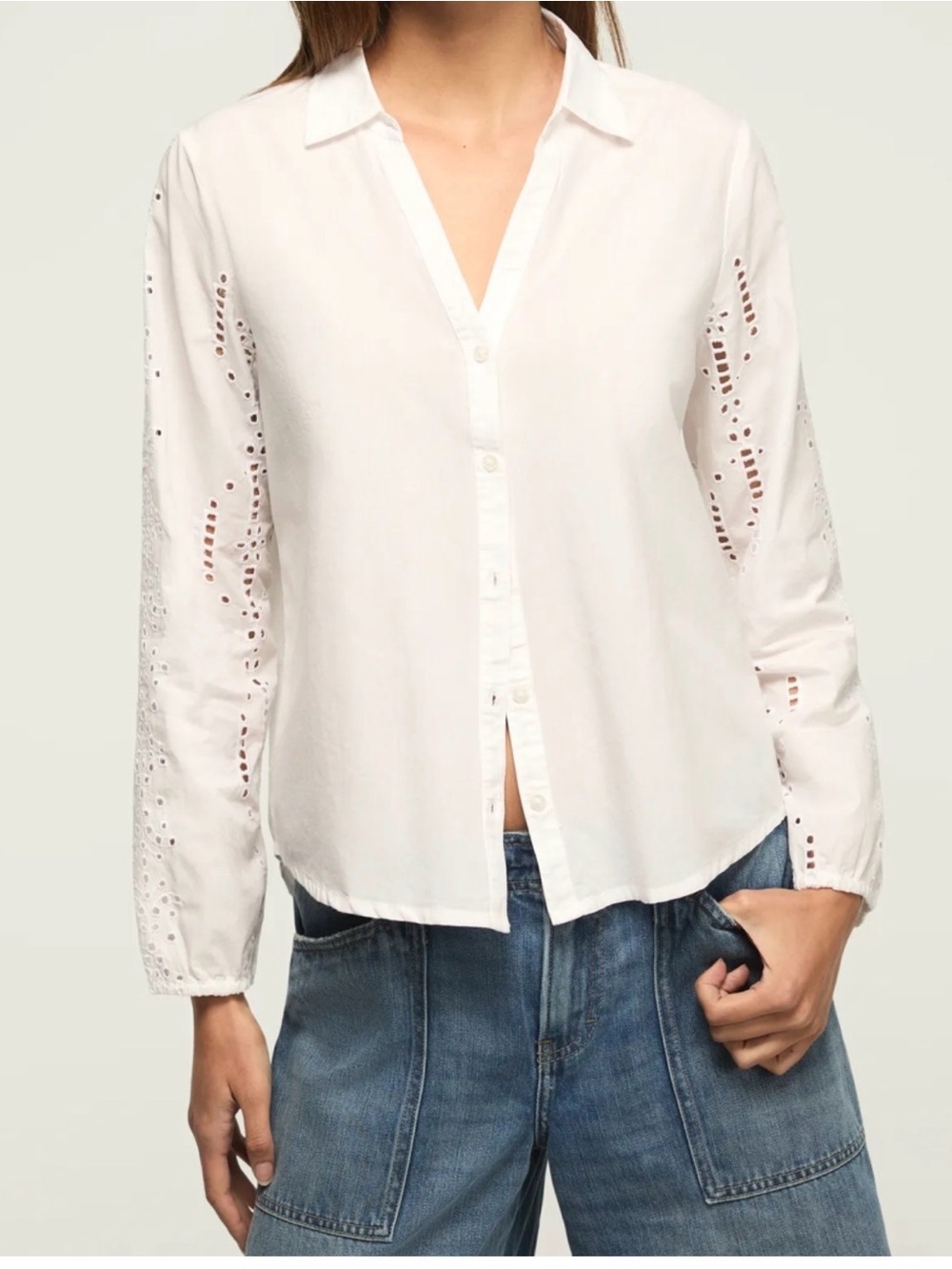 Lucky Brand White Eyelet-Sleeve Button Down Shirt